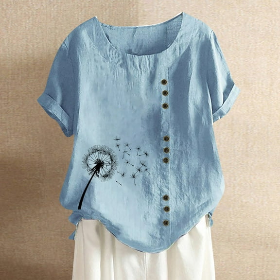 Up to 65% Off Spring Tops for Women, Fashion Woman Rounk Neck Short Sleeve Blouse T-Shirt Printing Loose Tops Light Blue M