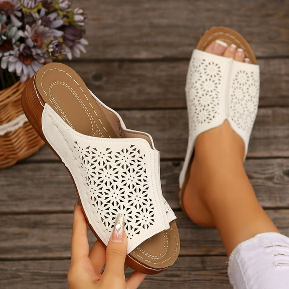 Womens Sandals Comfortable Fashion Casual Summer New Beach Round Toe Solid Hollow Wedge Sandals