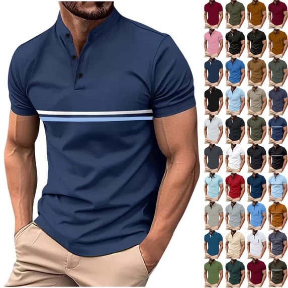 T-shirts for Man, Men Solid Color Casual Fashion Button Round Neck Short Sleeve T-shirt Top M, Navy