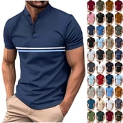 T-shirts for Man, Men Solid Color Casual Fashion Button Round Neck Short Sleeve T-shirt Top M, Navy