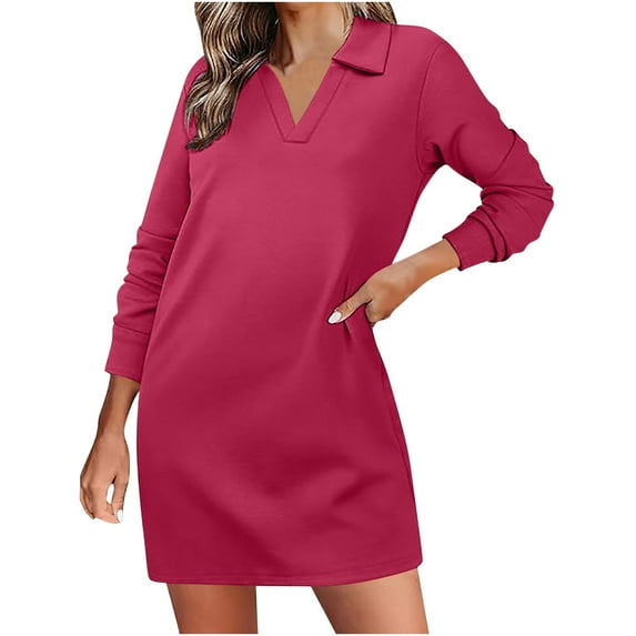 Up to 65% Off Women's Loose Dresses Women's Long Sleeved Lapel V-neck Sportswear Loose Solid Color Dress Hot Pink, L