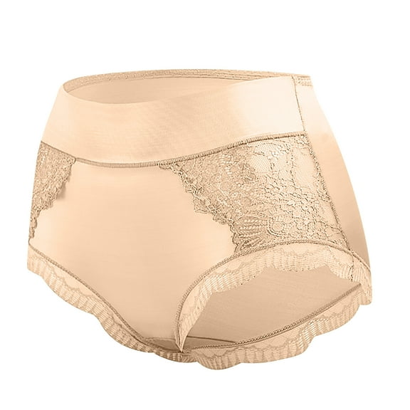 Up to 65% Off Women's Solid Color Lace Court Style Cotton Crotch Mid Waist Plus Size Flat Angle Underwear Beige XL