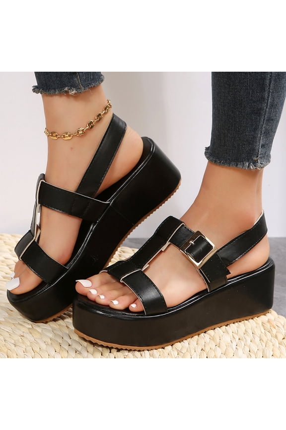 Women's Sandals Fashion Casual Summer New Style Solid Thick Bottom Beach Fish Mouth Wedge Sandals