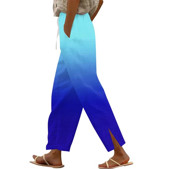 cocolona Linen Pants for Women, Summer Casual Beach Pants Elastic Waist Drawstring Side Slit Gradient Color Trousers S-2XL
