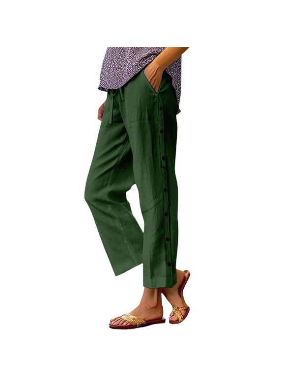 Womens Plus Size Cotton Linen Pants 2025 Summer Casual Beach Pants Side Button Elastic Waist Trousers with Pockets