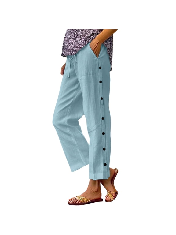 Womens Plus Size Cotton Linen Pants 2025 Summer Casual Beach Pants Side Button Elastic Waist Trousers with Pockets