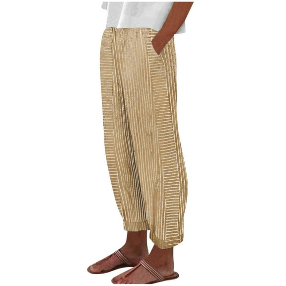 Up to 65% off!Casual Pants for Womens Fashion Plus Size High Waist Summer Elastic Waist Pocket Pants Casual Stripe Printing Full Length Pant