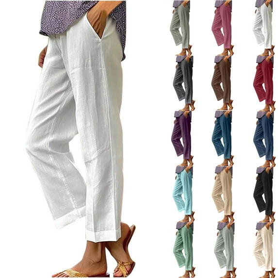 Up to 65% off! Cotton and Linen Casual Pants for Womens Plus Size Solid Color Elastic Waist Cotton Straight Leg Casual Pants