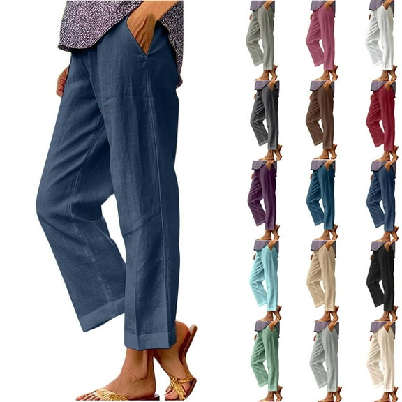 Up to 65% off! Cotton and Linen Casual Pants for Womens Plus Size Solid Color Elastic Waist Versatile Straight Tube Casual Wide Leg Pants