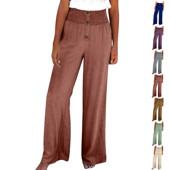 Up to 65% off! Cotton and Linen Casual Pants for Womens Plus Size Solid Color Pants Comfortable Elastic High Waist Wide Leg Casual Loose Beach Pants
