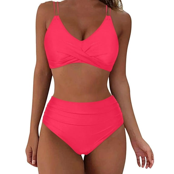 Dvprdro Women Fashion Sleeveless Solid Swimsuit V Neck Push-Up Paded 2 Piece Swimwear Swimsuit Beachwear Hot Pink S
