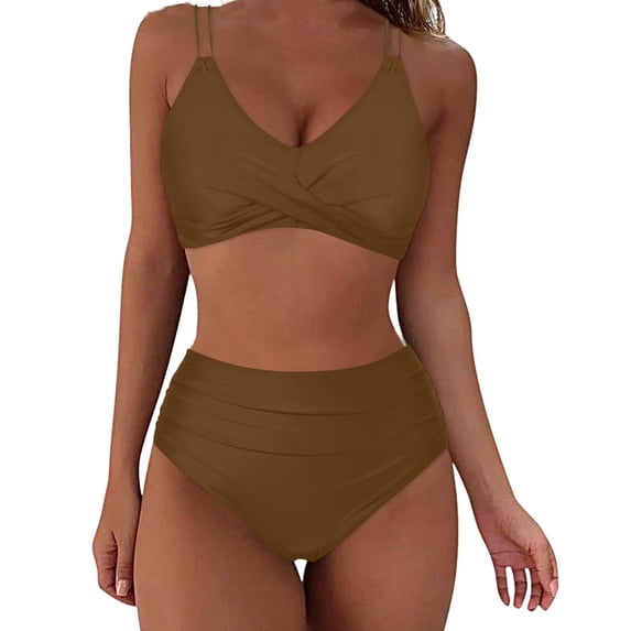 Dvprdro Women Fashion Sleeveless Solid Swimsuit V Neck Push-Up Paded 2 Piece Swimwear Swimsuit Beachwear Khaki M