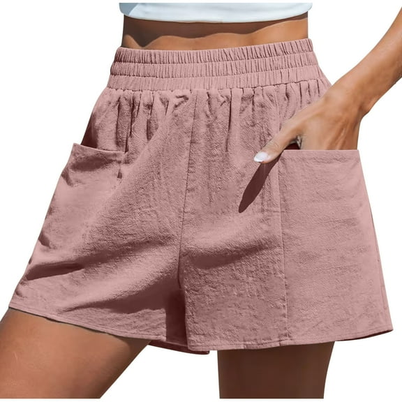 Dvprdro Women Plus Size Linen Shorts Lightweight Solid Side Pockets Travel Cotton Shorts Pink Sizes S
