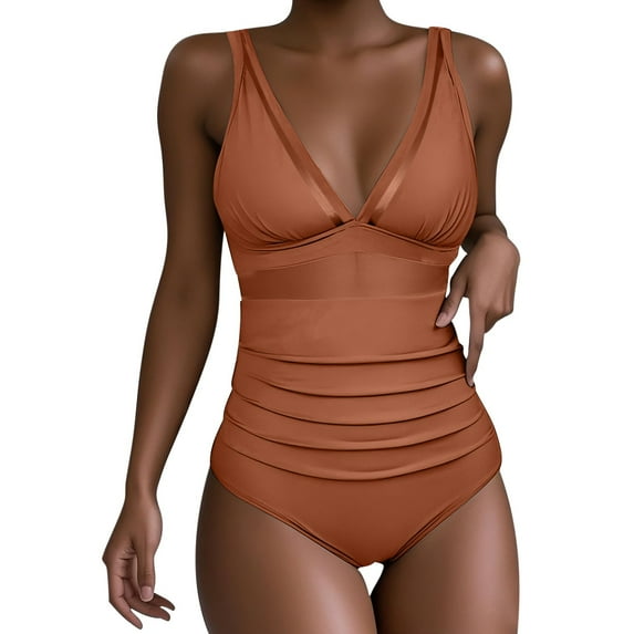 Dvprdro Womens One Piece Swimsuits Fashion Solid V Neck Bathing Suits Slim Swimwear Orange