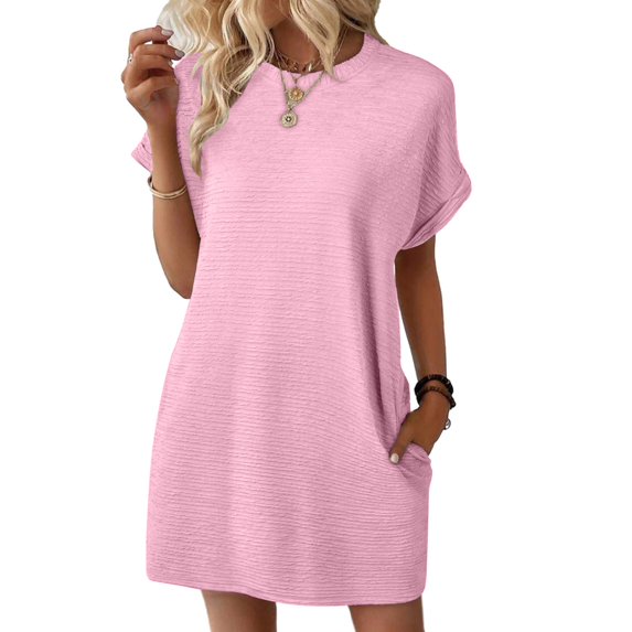 Dvprdro Womens Summer Trendy Casual Elegant Sundress 2025 Fashion Classic Solid Short Sleeve Beach Athletic Mini Dress Pink M