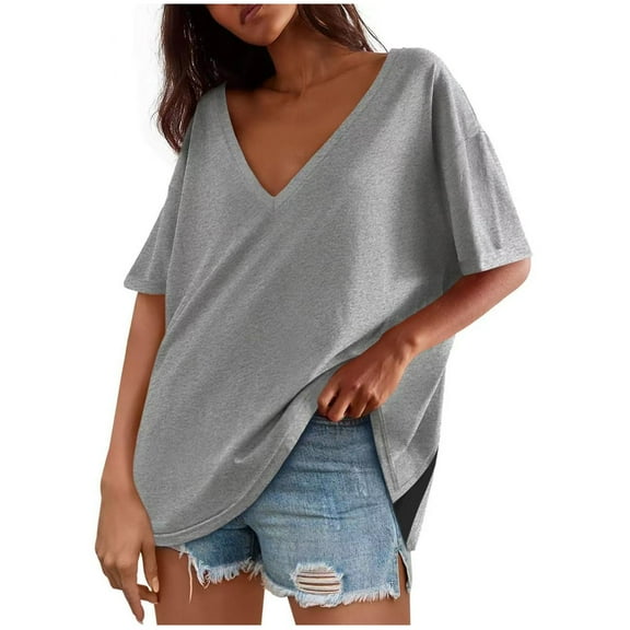 Dvprdro Womens Tops Summer Loose V Neck Short Sleeve Solid T-Shirt Casual Tunic Blouse for Women