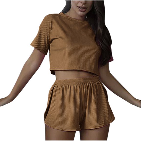 Fashion 2 Piece Sets for Women Summer Plus Size Casual Solid Color Short-sleeved Shorts Set Short-sleeved Crew-neck Top/shirt Set