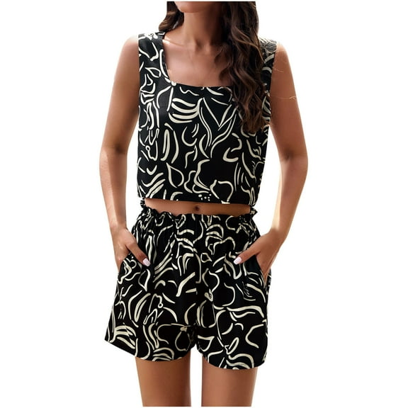 Fashion 2 Piece Sets for Women Summer Plus Size Print Sleeveless Short Pants Sport Pullover Leisure Set