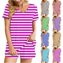Fashion 2 Piece Sets for Women Summer Plus Size Striped Casual Home Two-piece V-neck Top With Pocket Shorts Set