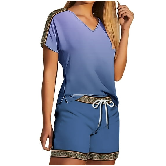 Fashion 2 Piece Sets for Women Summer Plus Size V Neck Shorts Sleeve Two-piece Comfortable Home Pajamas Set Sports Set