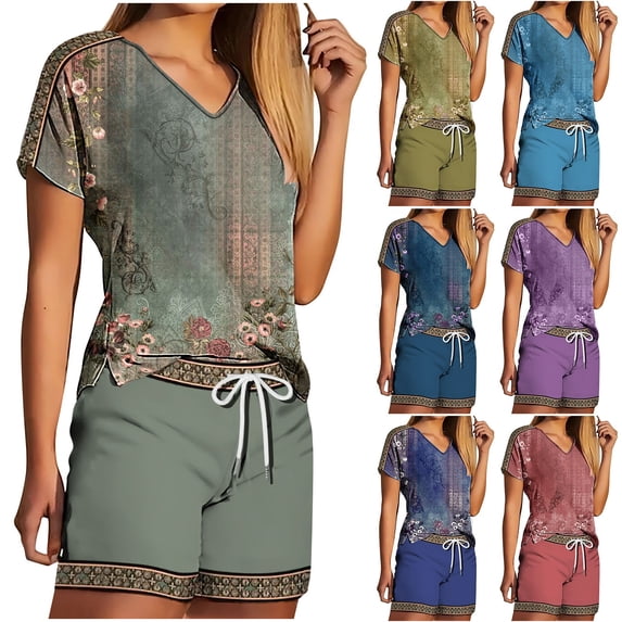 Fashion 2 Piece Sets for Women Summer Plus Size V-Neck Shorts Sleeve Two-piece Comfortable Home Pajamas Set Sports Set