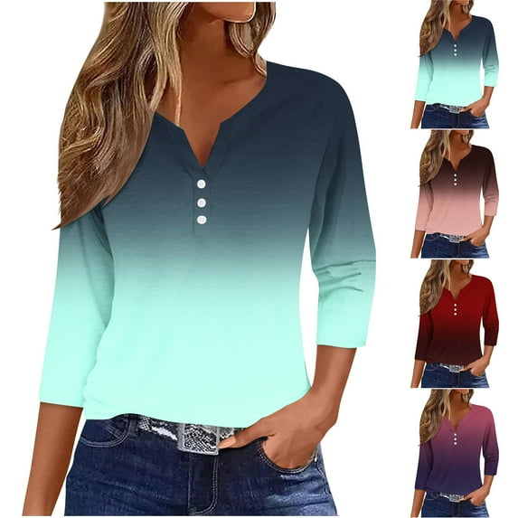 Fashion 3/4 Sleeve Summer Tops for Womens 2024 Plus Size Casual Printing T-shirt Buttons Blouse V-Neck Casual Tops