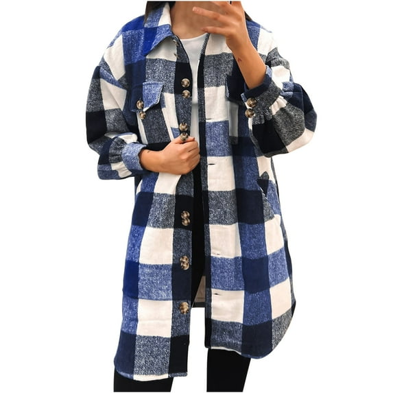Fashion Flannel Plaid Jackets for Womens 2024 Plus Size Long Sleeve Button Shirts Jacket Coats With Pockets Color Block Coat