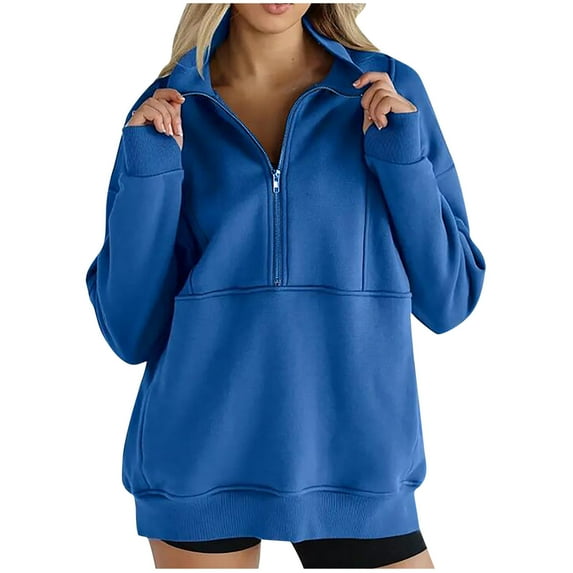 Fashion Half Zip Hoodie for Womens Pullover Plus Size Casual Loose Long-sleeved Solid Color Hooded Sweater With Pockets