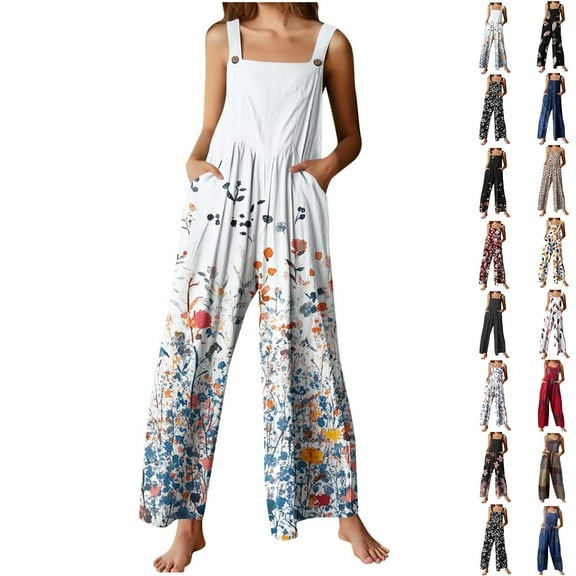 Up to 65% off!Fashion Jumpsuit for Womens Plus Size Flower Printing Button Pocket Jumpsuits Jeans Jumpsuit