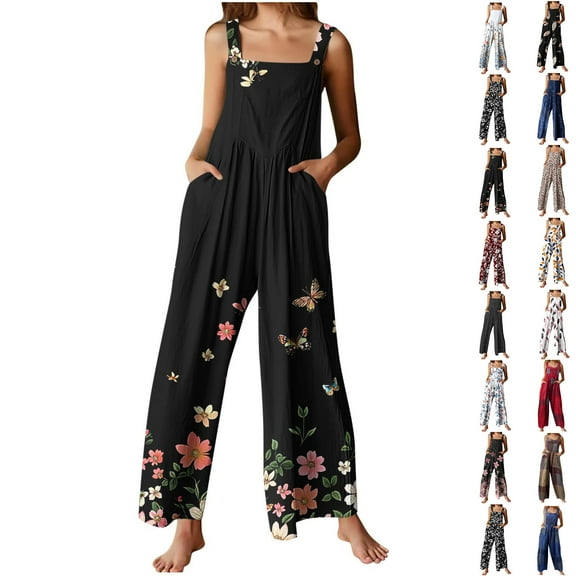 Up to 65% off!Fashion Jumpsuit for Womens Plus Size Flower Printing Button Pocket Jumpsuits Jeans Jumpsuit