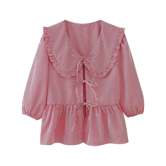 Up to 65% off!Fashion Oversize Cotton and Linen Shirts for Womens Long Sleeve New European And American Style Doll Neck Plaid Casual Loose Shirt