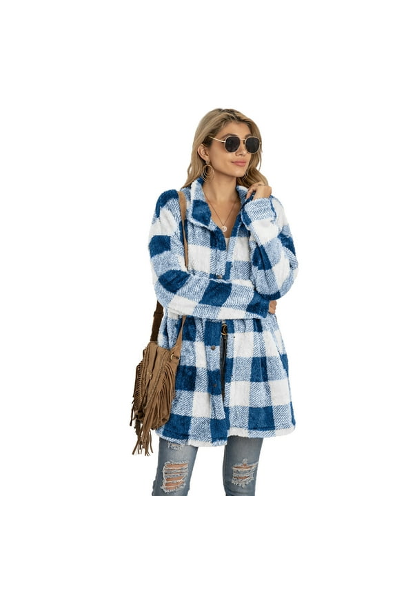 Fashion Plaid Botton Jackets for Womens 2024 Plus Size Casual Long Sleeve PlushLong Coat Tops Blouse Coat