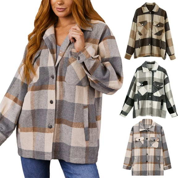 Fashion Plaid Botton Jackets for Womens 2024 Plus Size Casual Plaid Turndown Button Cardigan Coat