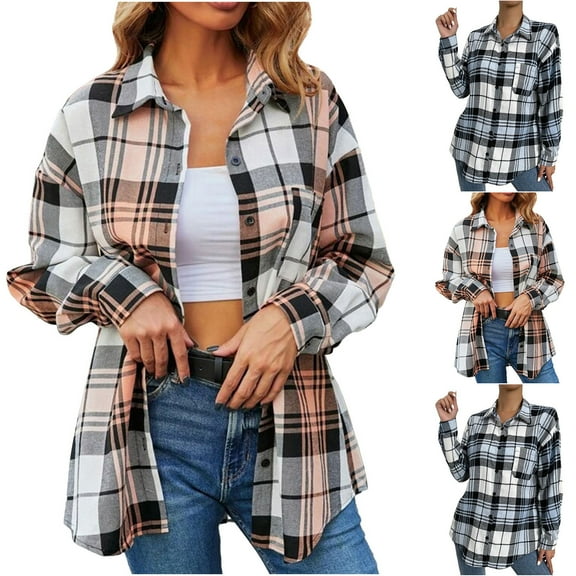 Fashion Plaid Botton Jackets for Womens 2024 Plus Size Casual Pockets Printed Long Sleeve Tops Jacket Plaid Coat