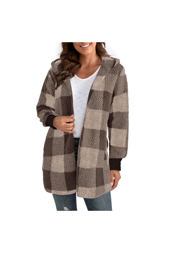 Fashion Plaid Botton Jackets for Womens 2024 Plus Size Coat Long Sleeve Plaid Faux Shearling Oversized Jacket