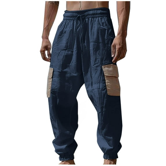 Up to 65% off!Fashion Plus Size Casual Pants for mens loose fit Wash Water Wrinkles Pocket Draw Rope Elastic Waist Solid Color Casual Trousers