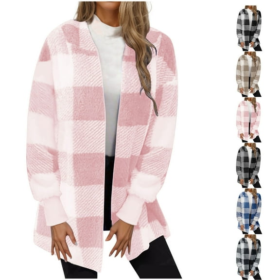Fashion Winter Plaid Jackets for Womens Plus Size Double-sided Fleece Plaid Long Sleeved Long Coat Jacket Cardigan Overcoat Top