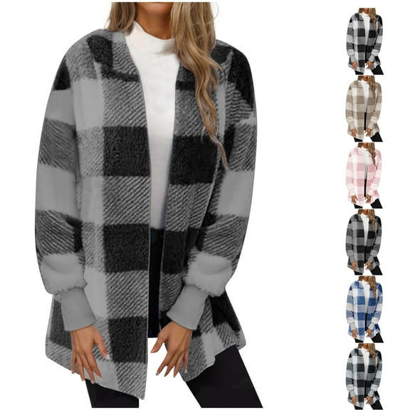 Fashion Winter Plaid Jackets for Womens Plus Size Double-sided Fleece Plaid Long Sleeved Long Coat Jacket Cardigan Overcoat Top
