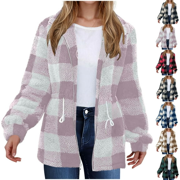Fashion Winter Plaid Jackets for Womens Plus Size Double-sided Fleece Plaid Long Sleeved Long Coat Jacket Cardigan Overcoat Top