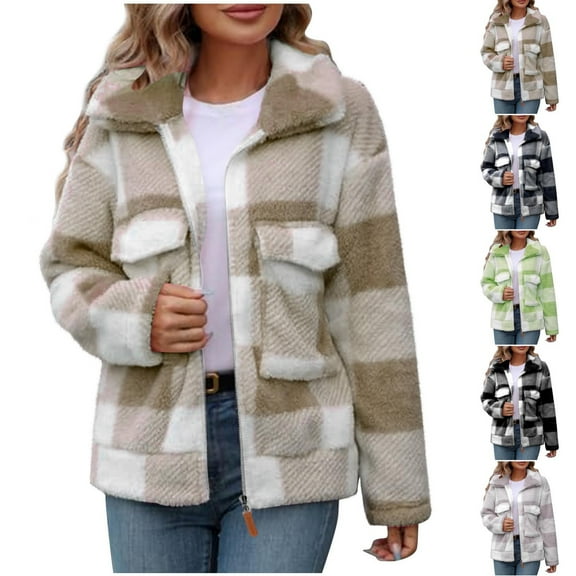 Fashion Winter Plaid Jackets for Womens Plus Size Pockets Zipper Lapel Long Sleeve Coat Jacket Blouse