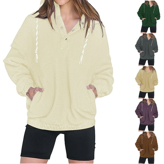Fashion Zip Up Hoodie for Womens Pullover Plus Size Fuzzy Fleece Hoodie Oversized Sweatshirt Cozy Button Sweater Pullover With Pocket