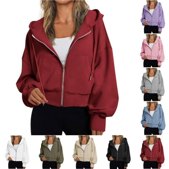 Fashion Zip Up Hoodie for Womens Pullover Plus Size Loose Long Sleeve Pullover Hoodie Solid Color Sweatshirt Fleece Jacket Coat