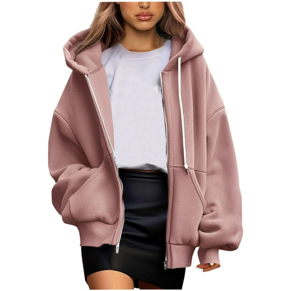 Fashion Zip Up Hoodie for Womens Pullover Plus Size Solid Color Pockets Zipper Long Sleeved Regular Top Hooded Sweatshirts Coat Outwear