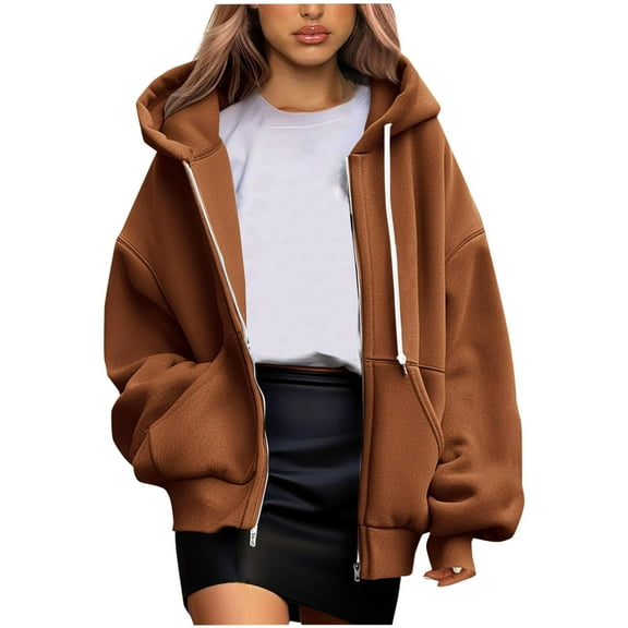 Fashion Zip Up Hoodie for Womens Pullover Plus Size Solid Color Pockets Zipper Long Sleeved Regular Top Hooded Sweatshirts Coat Outwear