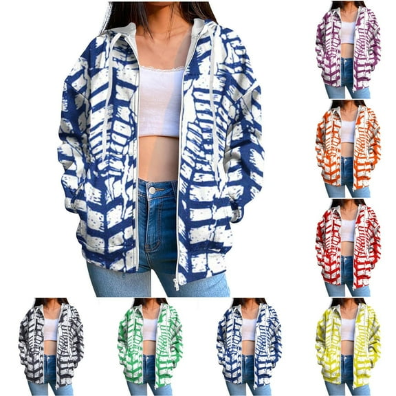 Fashion Zip Up Hoodie for Womens Pullover Plus Size Stripe Pockets Zipper Long Sleeved Regular Top Hooded Sweatshirts Coat Outwear