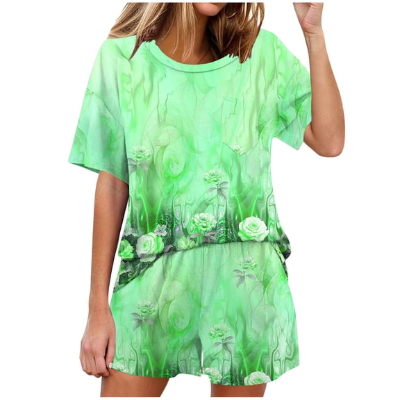 Fsshion 2 Piece of Sets for Womens Summer Plus Size Casual Solid Color Home Short Sleeved Round Neck Pajama Top With Pants Set
