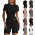 thumbnail image 1 of Fsshion 2 Piece of Sets for Womens Summer Plus Size Casual Solid Color Short Sleevele Round-Neck Blouses Tops Shorts Elastic Waist Sets, 1 of 1
