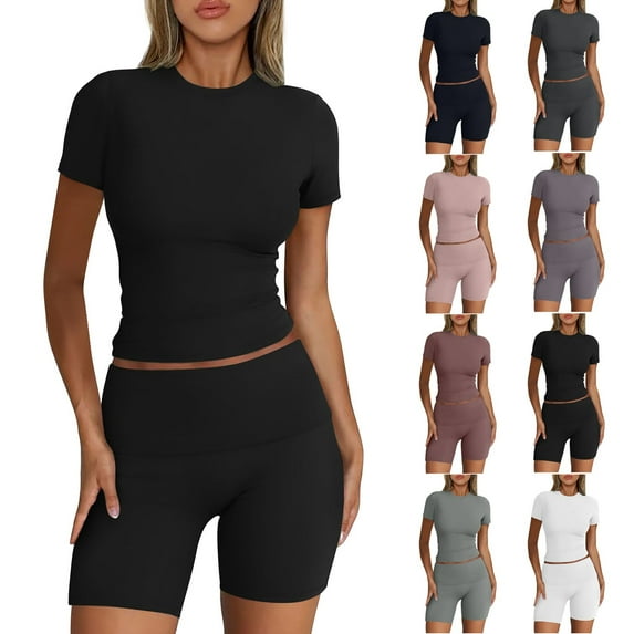 Fsshion 2 Piece of Sets for Womens Summer Plus Size Casual Solid Color Short Sleevele Round-Neck Blouses Tops Shorts Elastic Waist Sets