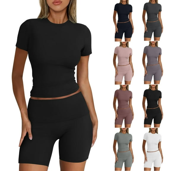Fsshion 2 Piece of Sets for Womens Summer Plus Size Casual Solid Color Short Sleevele Round-Neck Blouses Tops Shorts Elastic Waist Sets