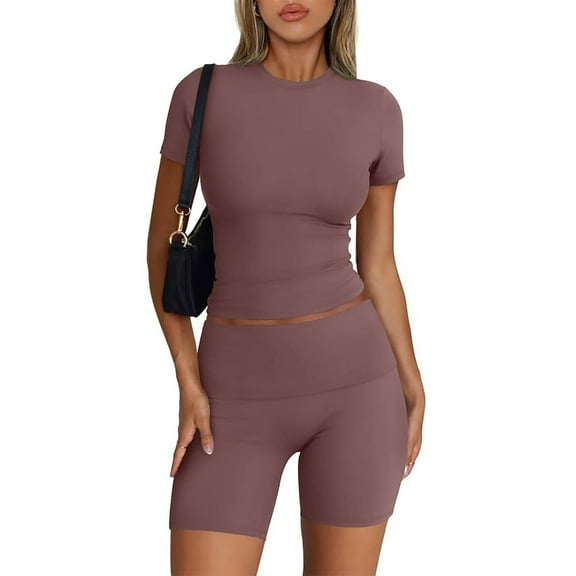 Fsshion 2 Piece of Sets for Womens Summer Plus Size Casual Solid Color Short Sleevele Round-Neck Blouses Tops Shorts Elastic Waist Sets